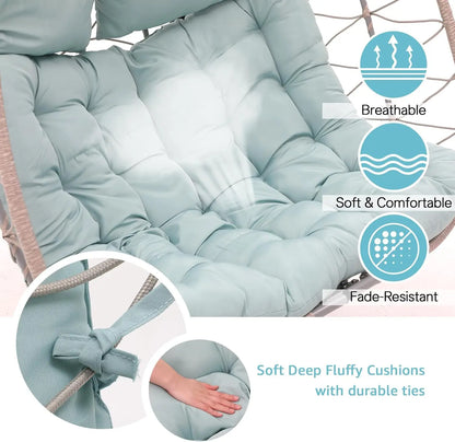 2-Person Double Egg Swing Chair with Stand, Indoor Outdoor Patio Wicker Hanging Chair w/Cushion, Foldable 550lbs Light Blue