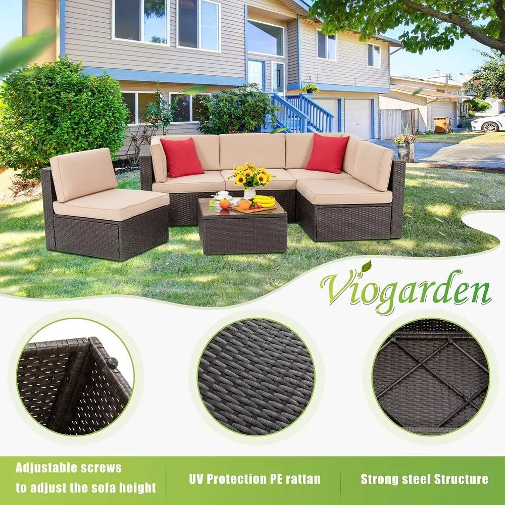 6-Piece Outdoor Patio Wicker Sectional Set with Coffee Table for Small Spaces - Ideal for Garden, Backyard, Poolside (Beige)