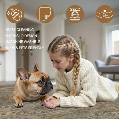 Washable Rug 8x10 Area Rug for Washable Vintage Print Carpet, UltraThin Chenille Low Pile Lightweight