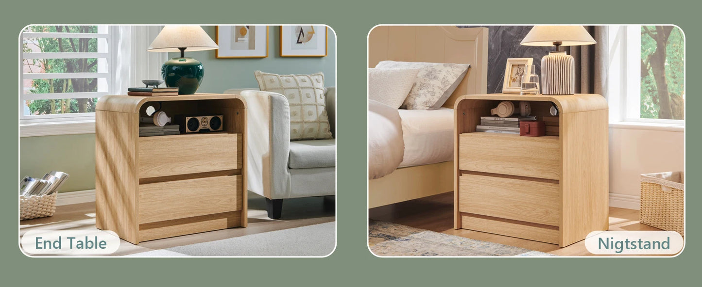 25" Tall Modern Nightstand Set of 2, 23.6'' Wide Wood Bedside Table w/2 Storage Drawers, Charging Station