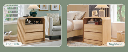 25" Tall Modern Nightstand Set of 2, 23.6'' Wide Wood Bedside Table w/2 Storage Drawers, Charging Station