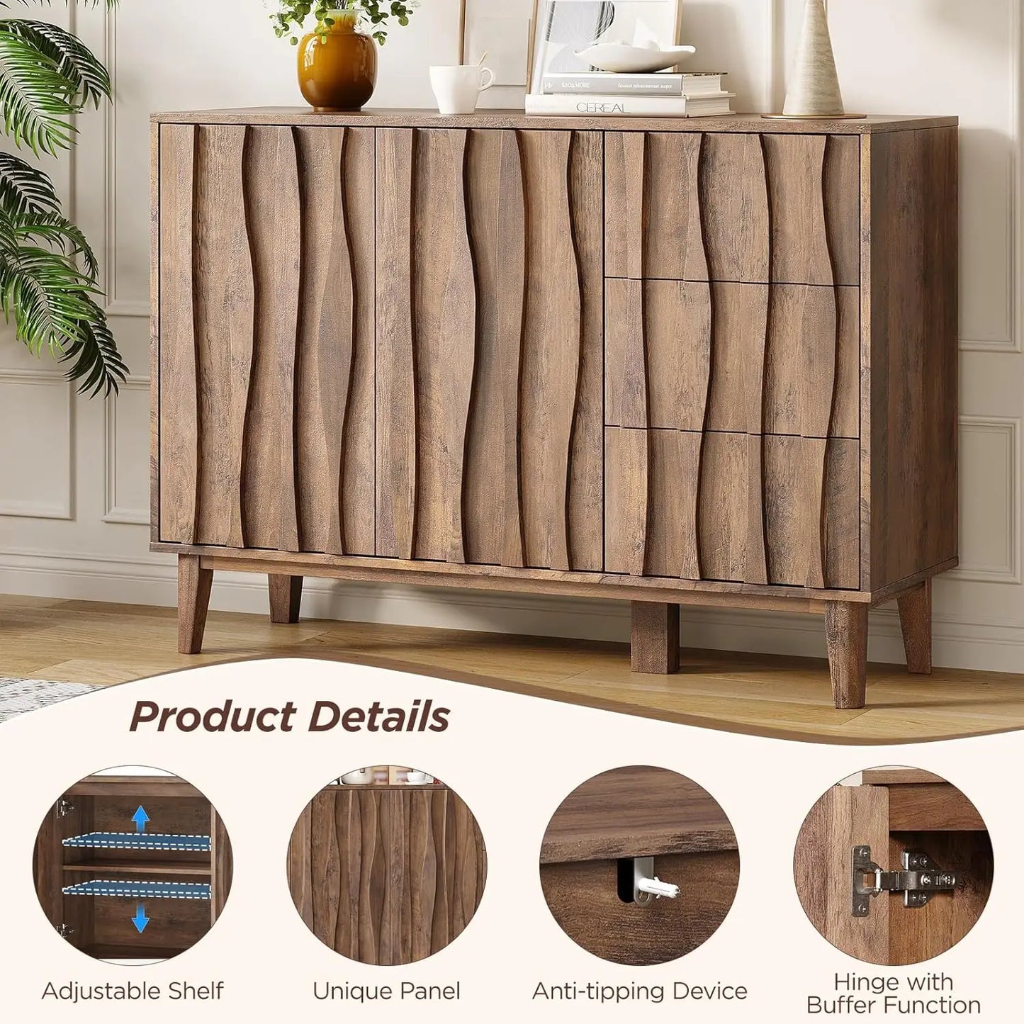 Fluted Buffet Cabinet with Storage, 47.2" Sideboard Cabinet with 3 Drawers and 2 Doors, Adjustable Shelf