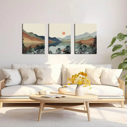 Framed Mountain Canvas Wall Art Set of 3, Boho Watercolor Painting, Sun Forest Abstract Nature Landscape Artwork