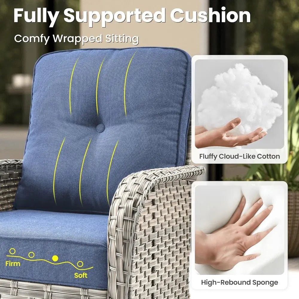 9-Piece Outdoor Patio Furniture Set with Fire Pit, Sectional Sofa, Rocking Chairs, and Chaise Lounge in Denim Blue Wicker Rattan