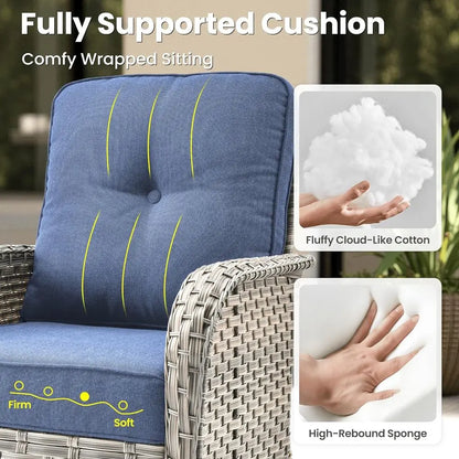 9-Piece Outdoor Patio Furniture Set with Fire Pit, Sectional Sofa, Rocking Chairs, and Chaise Lounge in Denim Blue Wicker Rattan