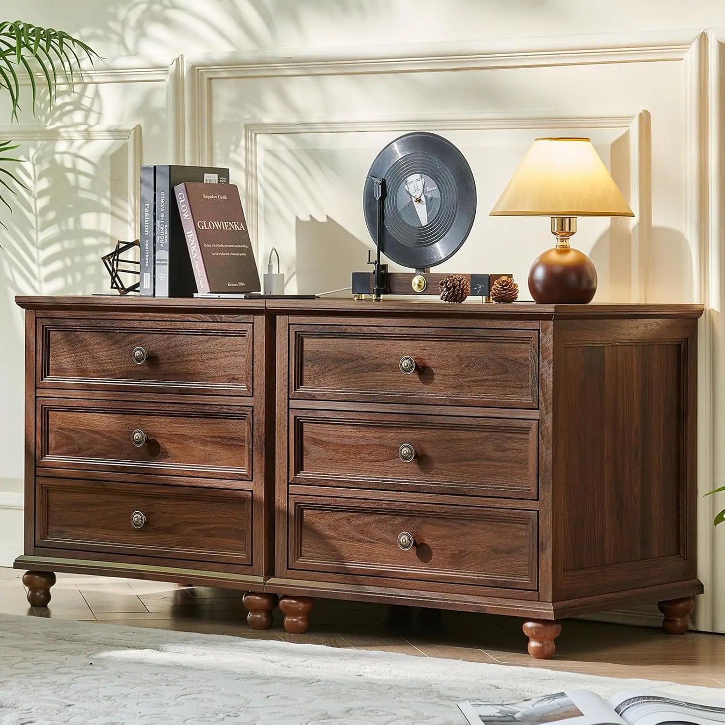 Farmhouse Nightstand Set of 2 with Charging Station, 24" Wide End Table with 3 Drawers, Bed Side