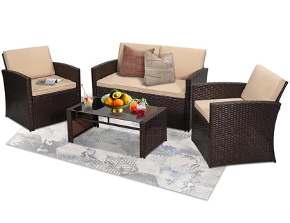 4 Pieces Patio Conversation Set, Outside Rattan Sectional Sofa, Cushioned Furniture Set, Wicker