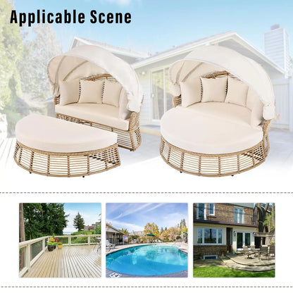 Rattan Round Daybed with Retractable Canopy & Removable Cushions for Patio Backyard