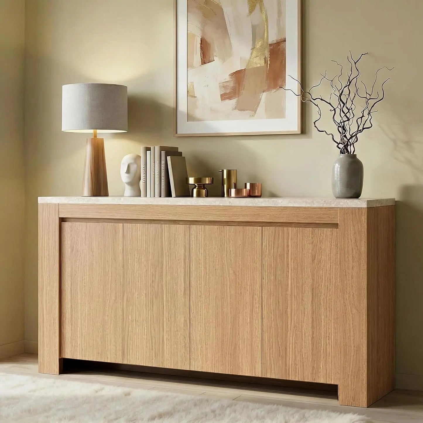 Buffet Cabinet with Storage, 63" Sideboard Accent Cabinet with Faux Marble Top & 4 Doors