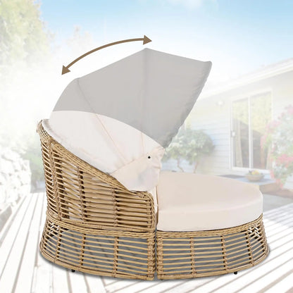 Rattan Round Daybed with Retractable Canopy & Removable Cushions for Patio Backyard