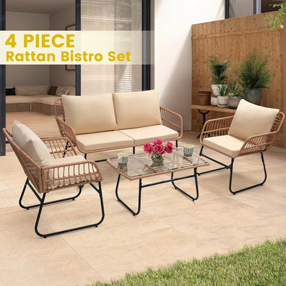 4 Piece Patio Bistro Outdoor Furniture Set with Wicker Sofa 2 Rattan Chairs and Table for Backyard