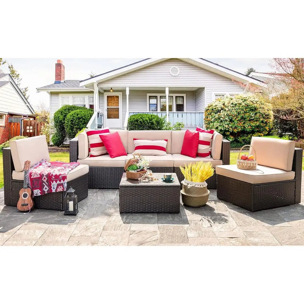 6-Piece Outdoor Patio Wicker Sectional Set with Coffee Table for Small Spaces - Ideal for Garden, Backyard, Poolside (Beige)