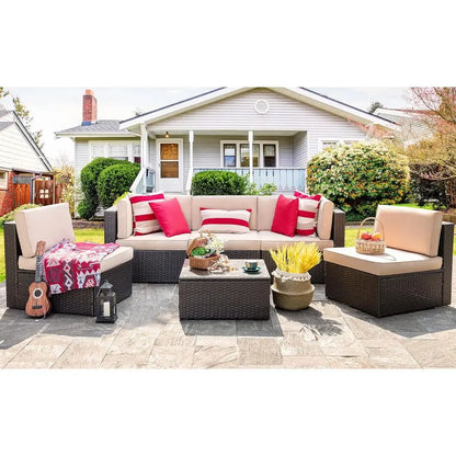 6-Piece Outdoor Patio Wicker Sectional Set with Coffee Table for Small Spaces - Ideal for Garden, Backyard, Poolside (Beige)