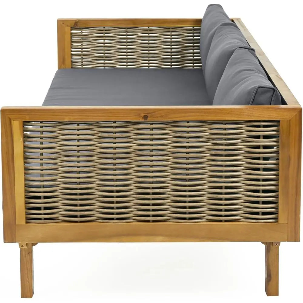 3 Seater Acacia Wood Outdoor Patio Daybed with Rattan Arms, Cushion & Pillow