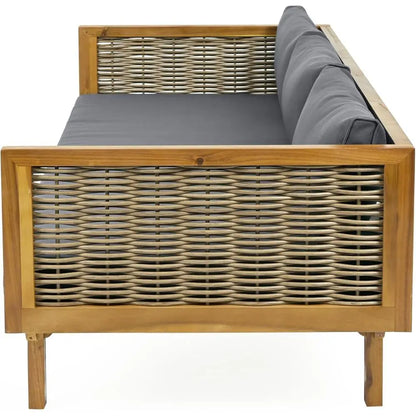 3 Seater Acacia Wood Outdoor Patio Daybed with Rattan Arms, Cushion & Pillow