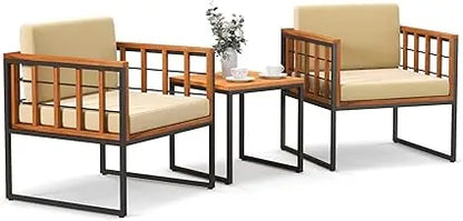 3 Pieces Patio Chair Set, Acacia Wood Outdoor Sofa Set with Metal Support, Soft Seat & Back Cushions Included