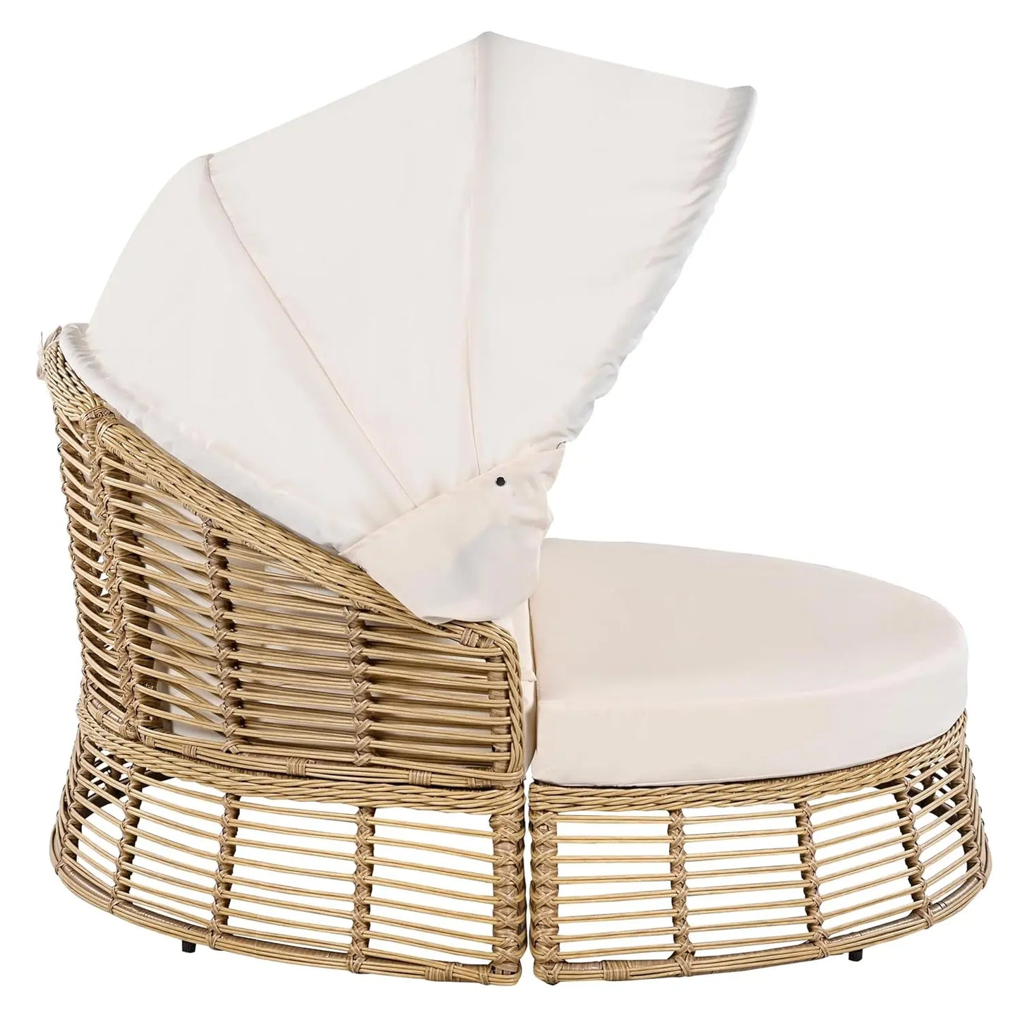 Rattan Round Daybed with Retractable Canopy & Removable Cushions for Patio Backyard