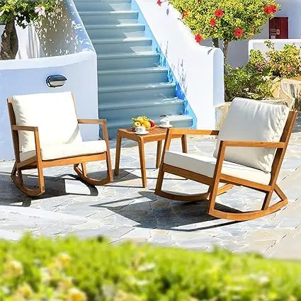 Rocking Chairs Design Heavy Duty 400lbs Capacity Wood Patio Bistro Set 3 Piece Outdoor