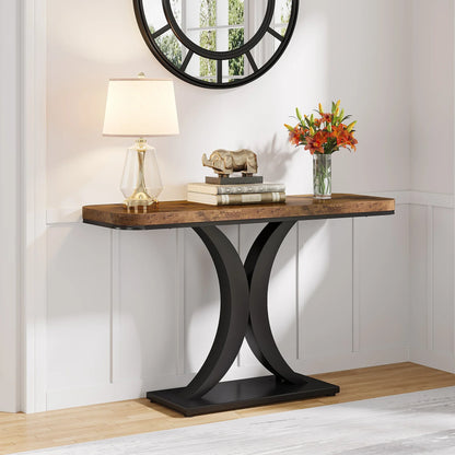 Console Table, 40 inch Narrow with Geometric Base, Rustic Hallway Accent