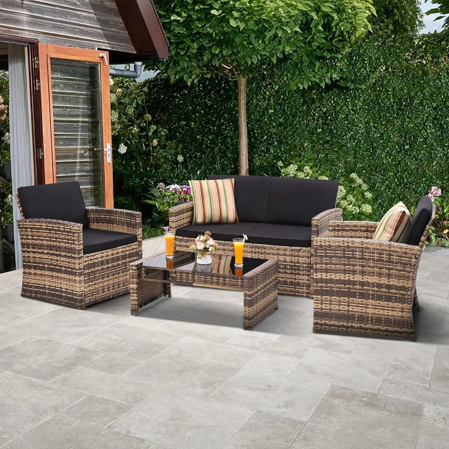 4 Pieces Patio Conversation Set, Outside Rattan Sectional Sofa, Cushioned Furniture Set, Wicker