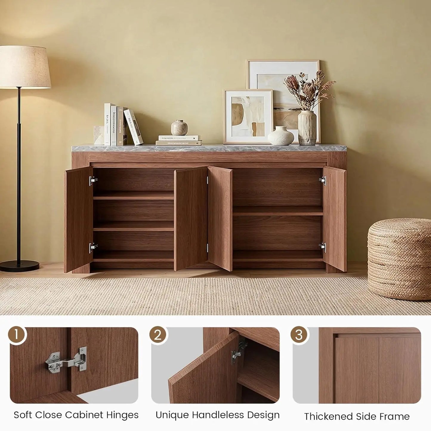 Buffet Cabinet with Storage, 63" Sideboard Accent Cabinet with Faux Marble Top & 4 Doors