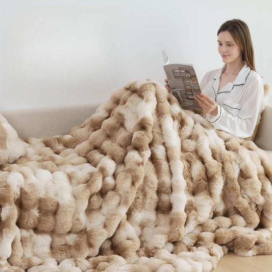 Bubble Fleece Blanket for Couch, Faux Rabbit Fur Throw, Soft Cozy Fluffy Decorative Blanket