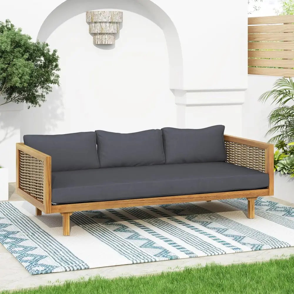 3 Seater Acacia Wood Outdoor Patio Daybed with Rattan Arms, Cushion & Pillow