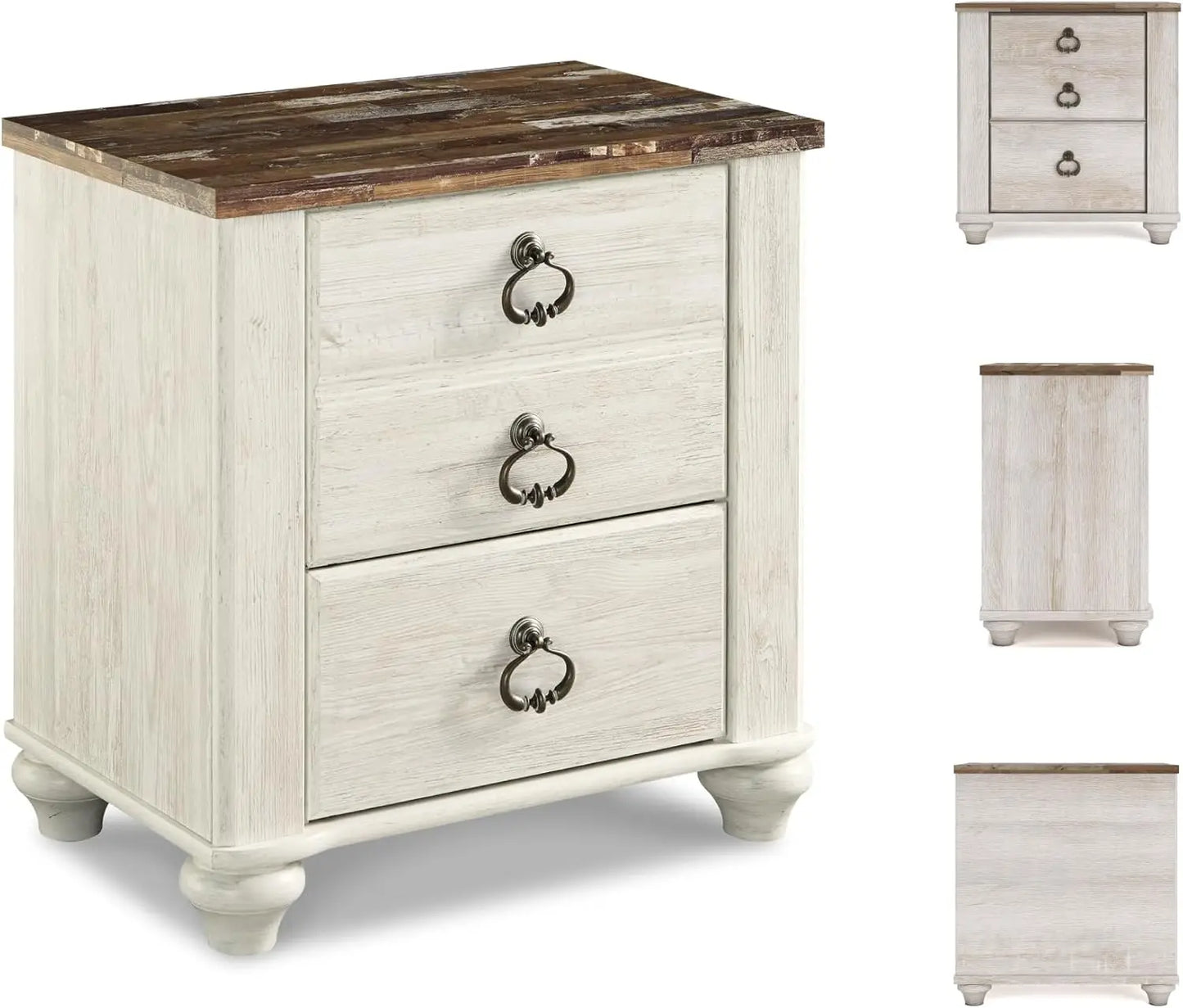 Willowton Farmhouse 2 Drawer Nightstand with USB Charging Ports, 25.67" Tall, Whitewash