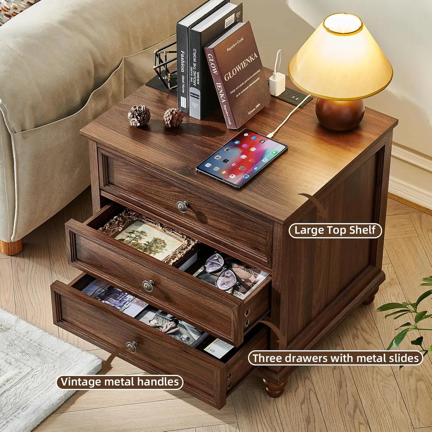 Farmhouse Nightstand Set of 2 with Charging Station, 24" Wide End Table with 3 Drawers, Bed Side
