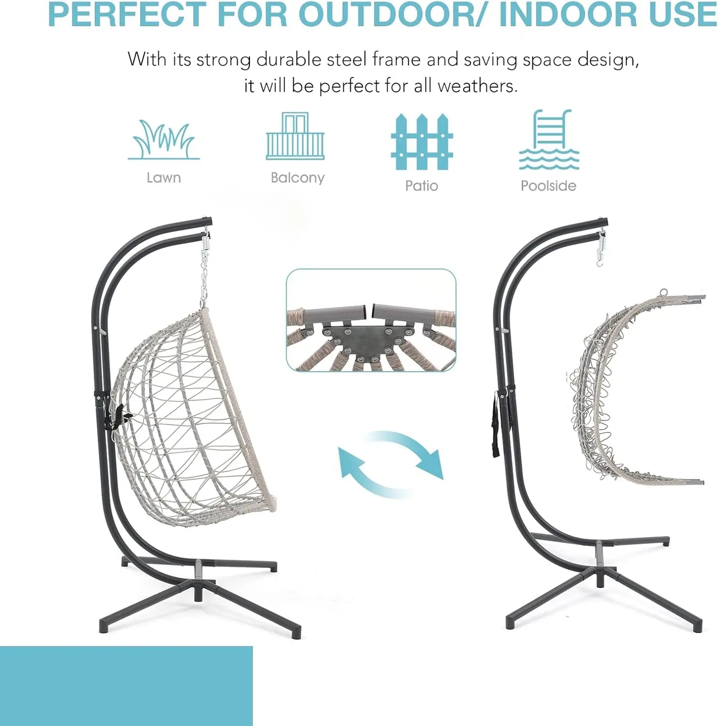 2-Person Double Egg Swing Chair with Stand, Indoor Outdoor Patio Wicker Hanging Chair w/Cushion, Foldable 550lbs Light Blue