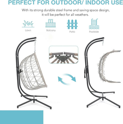 2-Person Double Egg Swing Chair with Stand, Indoor Outdoor Patio Wicker Hanging Chair w/Cushion, Foldable 550lbs Light Blue