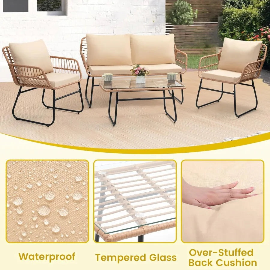 4 Piece Patio Bistro Outdoor Furniture Set with Wicker Sofa 2 Rattan Chairs and Table for Backyard