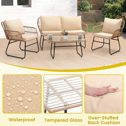 4 Piece Patio Bistro Outdoor Furniture Set with Wicker Sofa 2 Rattan Chairs and Table for Backyard