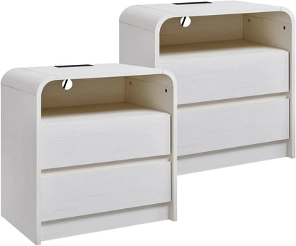 25" Tall Modern Nightstand Set of 2, 23.6'' Wide Wood Bedside Table w/2 Storage Drawers, Charging Station
