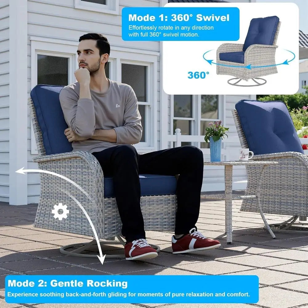 Compact 3-Piece Patio Furniture Set: Swivel Rocking Chairs with Wicker and Glass Table for Outdoor Spaces