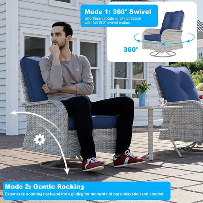 Compact 3-Piece Patio Furniture Set: Swivel Rocking Chairs with Wicker and Glass Table for Outdoor Spaces