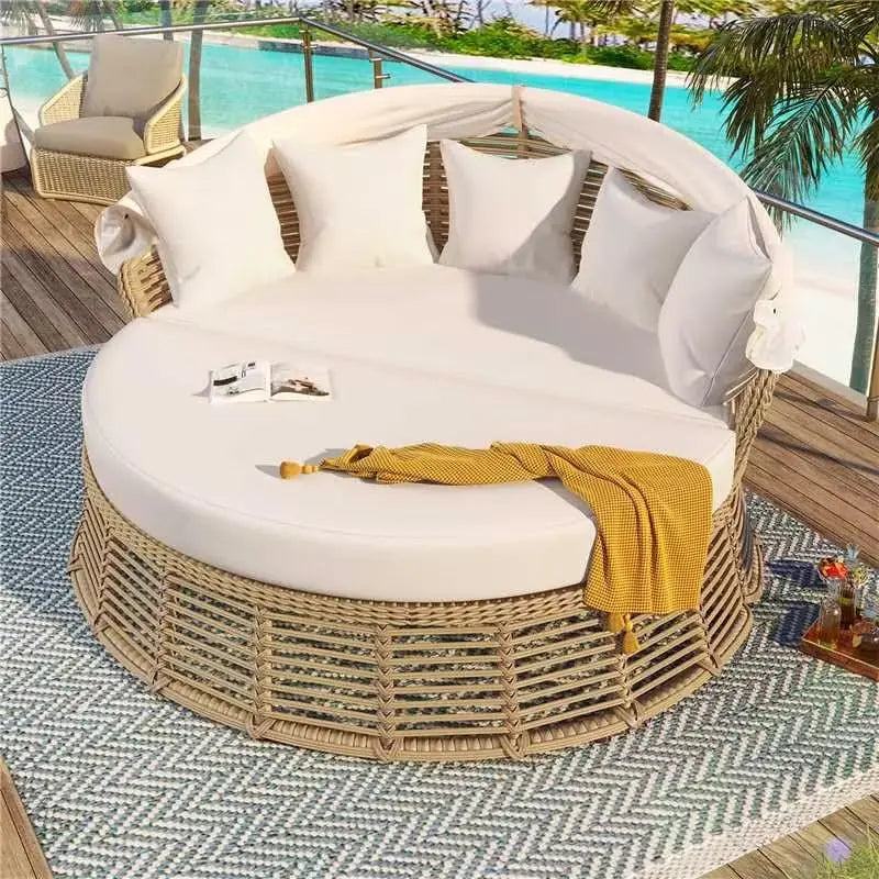Rattan Round Daybed with Retractable Canopy & Removable Cushions for Patio Backyard