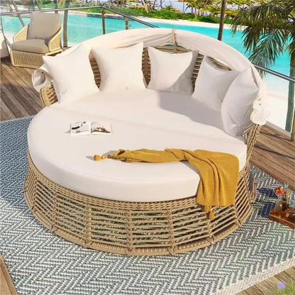 Rattan Round Daybed with Retractable Canopy & Removable Cushions for Patio Backyard
