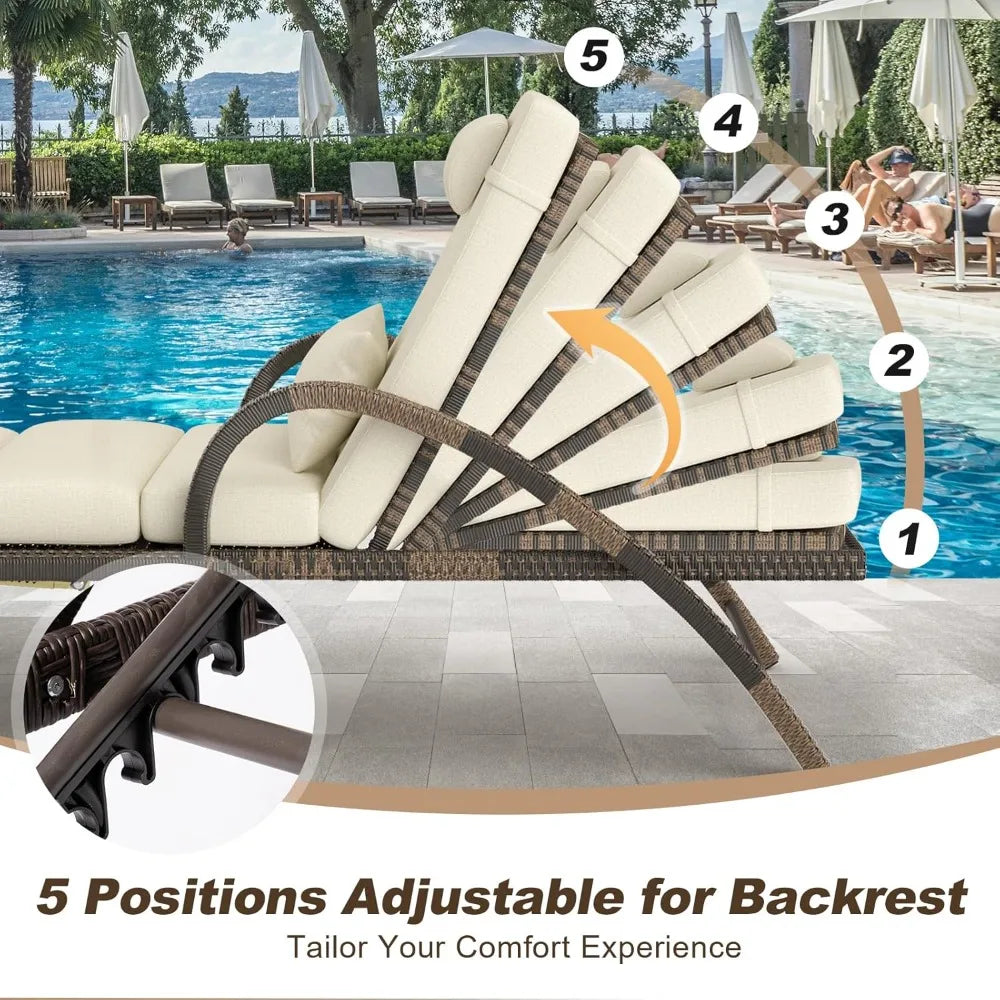 Outdoor Lounge Chairs Set of 2, Patio Chaise Loungers with Adjustable 5-Position & Leg Support, Wicker Pool Recliners
