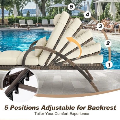 Outdoor Lounge Chairs Set of 2, Patio Chaise Loungers with Adjustable 5-Position & Leg Support, Wicker Pool Recliners