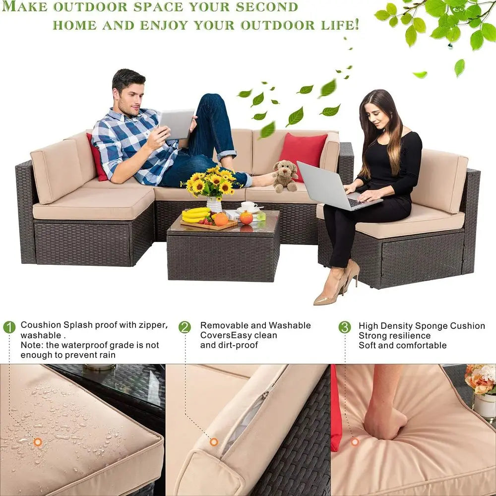 6-Piece Outdoor Patio Wicker Sectional Set with Coffee Table for Small Spaces - Ideal for Garden, Backyard, Poolside (Beige)