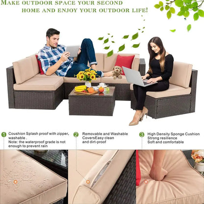 6-Piece Outdoor Patio Wicker Sectional Set with Coffee Table for Small Spaces - Ideal for Garden, Backyard, Poolside (Beige)