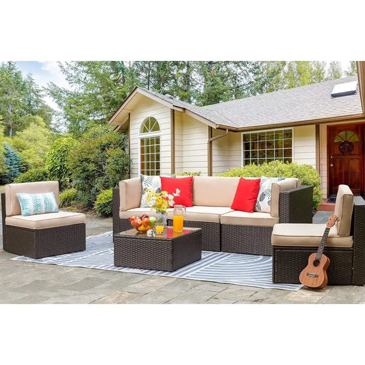 6-Piece Outdoor Patio Wicker Sectional Set with Coffee Table for Small Spaces - Ideal for Garden, Backyard, Poolside (Beige)