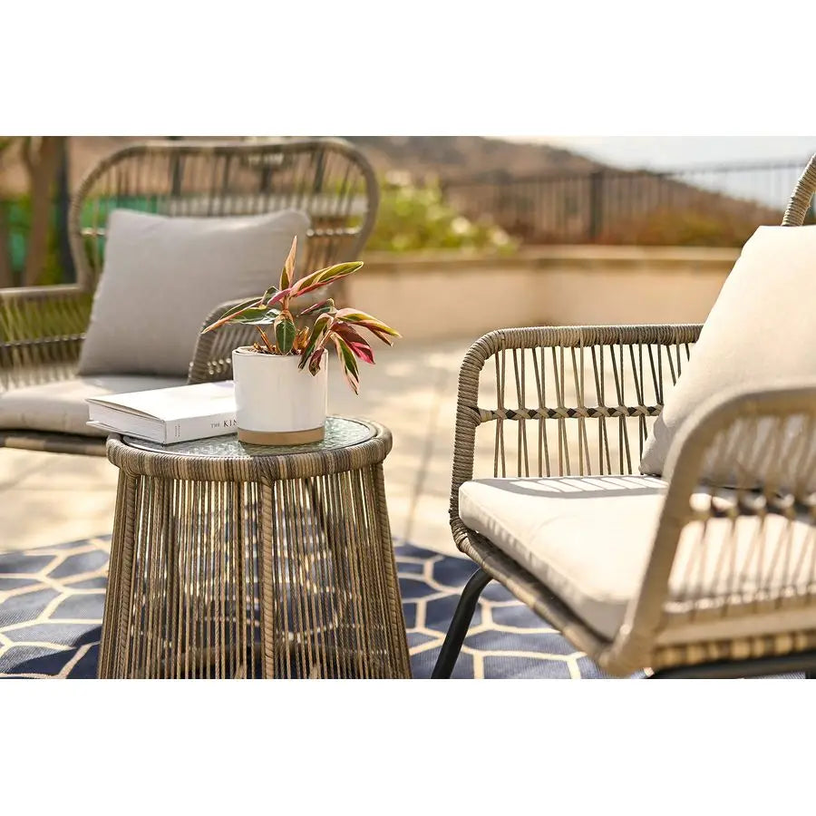 3 Pieces Bistro Chair Set w Glass Table Grey Outdoor Patio Furniture Wicker Rattan Modern Conversation Chat Seating