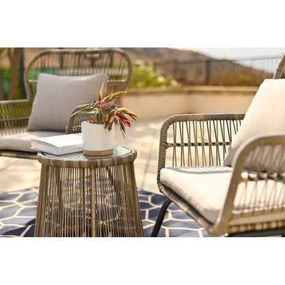 3 Pieces Bistro Chair Set w Glass Table Grey Outdoor Patio Furniture Wicker Rattan Modern Conversation Chat Seating