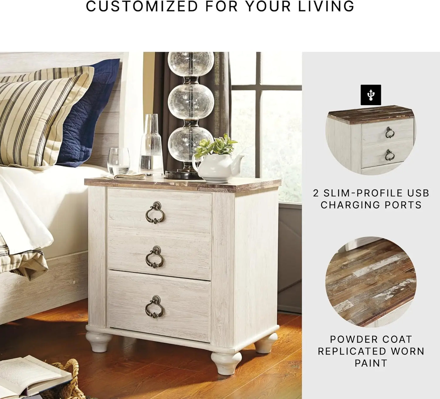 Willowton Farmhouse 2 Drawer Nightstand with USB Charging Ports, 25.67" Tall, Whitewash