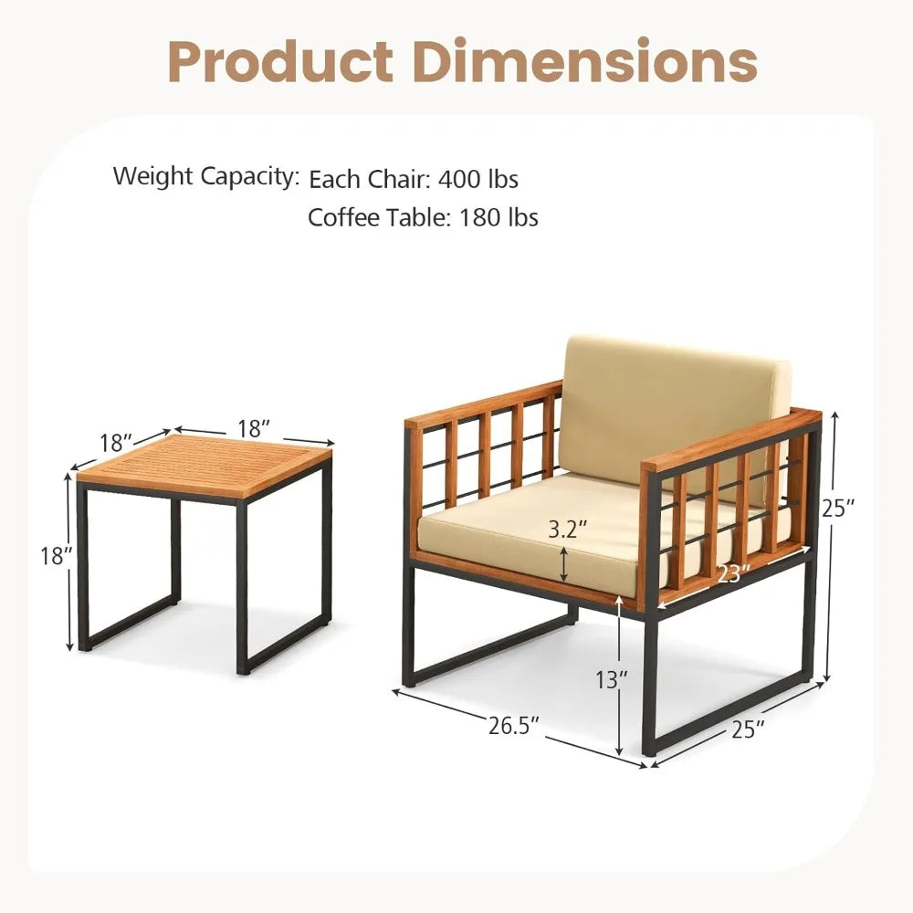 3 Pieces Patio Chair Set, Acacia Wood Outdoor Sofa Set with Metal Support, Soft Seat & Back Cushions Included