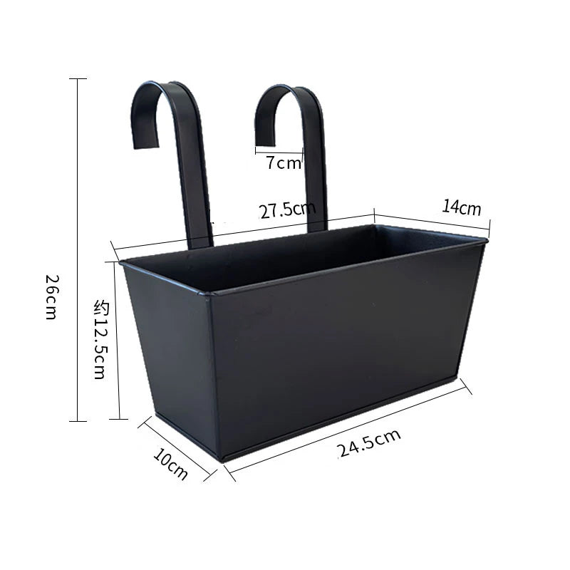 Outdoor Planter Black Metal Iron Hanging Flower Pots Decks Railings Fence Buckets Modern Wall Mount Window Box