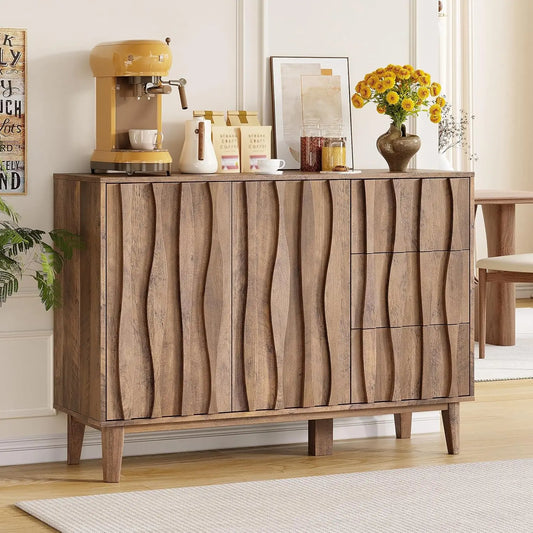 Fluted Buffet Cabinet with Storage, 47.2" Sideboard Cabinet with 3 Drawers and 2 Doors, Adjustable Shelf