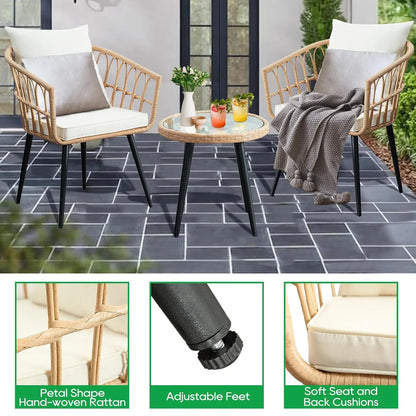 3pc Patio Bistro Set Wicker Rattan Table & Chairs for Balcony Porch Backyard Poolside